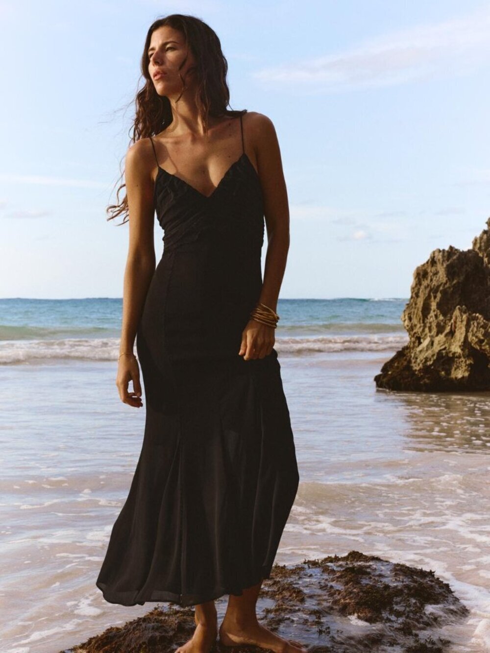 New Zara Lingerie-Style Spaghetti Straps V-Neck Lace Detail Black Midi Dress XS